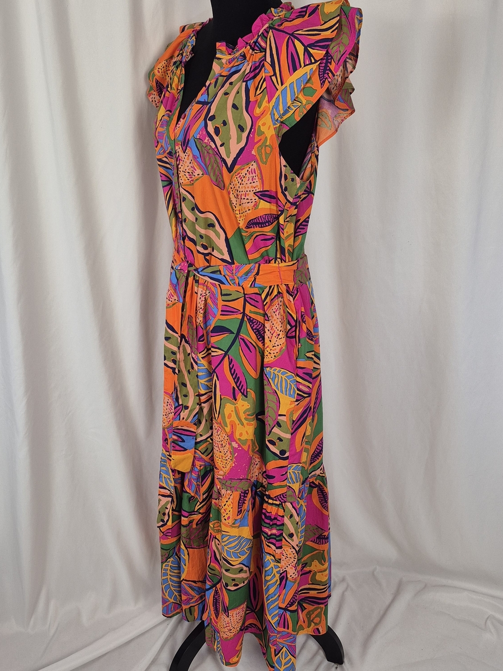 Sugarlips Milana Full-Button Tropical Print Tiered Cotton Midi Dress - Size L - Picture 6 of 15
